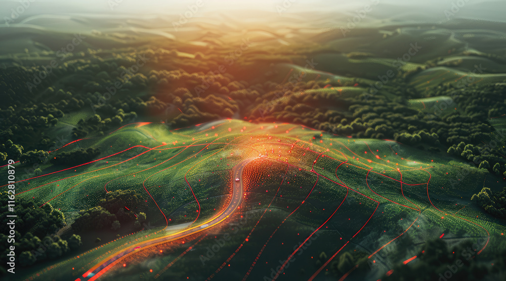 Poster Using radar sensor data to investigate and get insights and trends using AI. use green landscape and show how the radar expose things on the landscape. emphasize the radar line with red color.