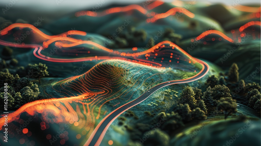 Poster Using radar sensor data to investigate and get insights and trends using AI. use green landscape and show how the radar expose things on the landscape. emphasize the radar line with red color.