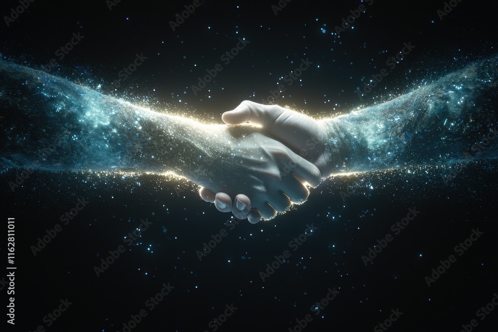 Poster global peace talks symbolic handshake digital realm visual art abstract environment close-up view un