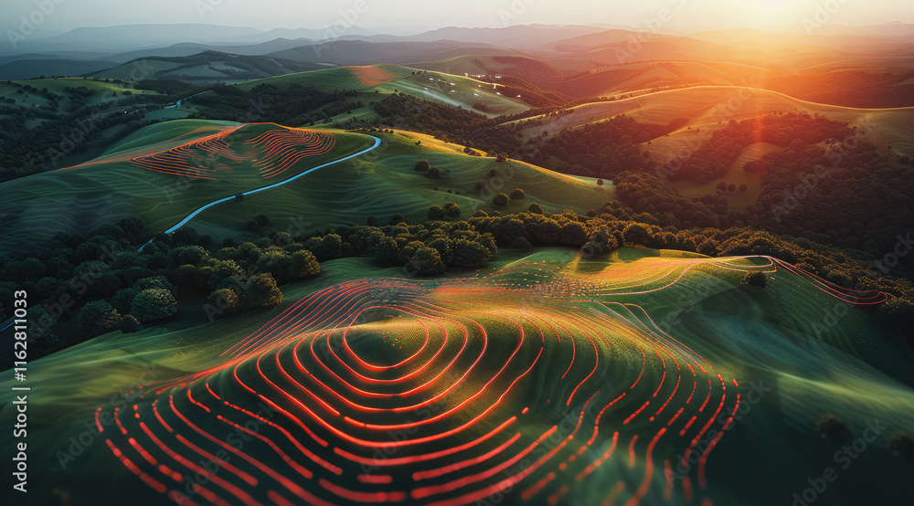 Poster Using radar sensor data to investigate and get insights and trends using AI. use green landscape and show how the radar expose things on the landscape. emphasize the radar line with red color.