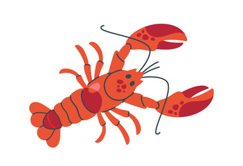 Bright red lobster with detailed claws, spots, and long antennae, isolated on a white background, perfect for seafood, marine, and culinary concepts. Flat cartoon vector illustration