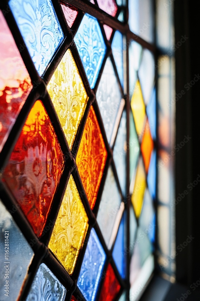Poster a close-up view of a stained glass window with intricate designs and colors