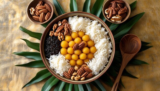 Traditional Timor Leste Bibinka Bowl with Rice and Nuts Decorated on Leafy Background