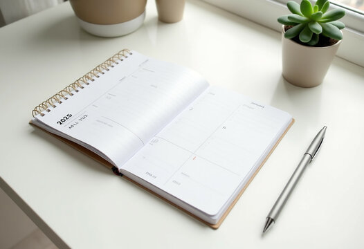 2025 yearly planner open to January, showing daily schedule.  A pen rests beside it.