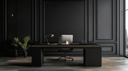 Modern Black Office Interior Design: Elegant Workspace with Minimalist Decor
