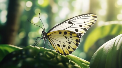 Obraz premium A close-up view of a butterfly perched on a leaf, with intricate details visible