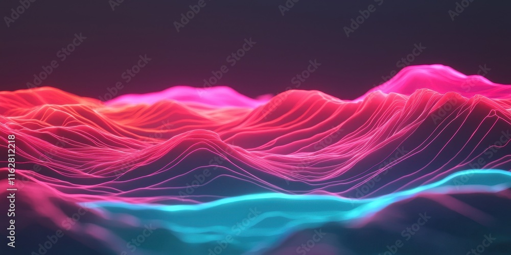 Poster a vibrant, abstract representation of waves with colorful gradients in pink and blue tones, creating