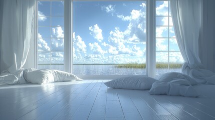 Fototapeta premium White pillows on wooden floor by window overlooking lake.
