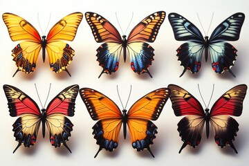 Obraz premium A group of vibrant butterflies perched on a clean white surface