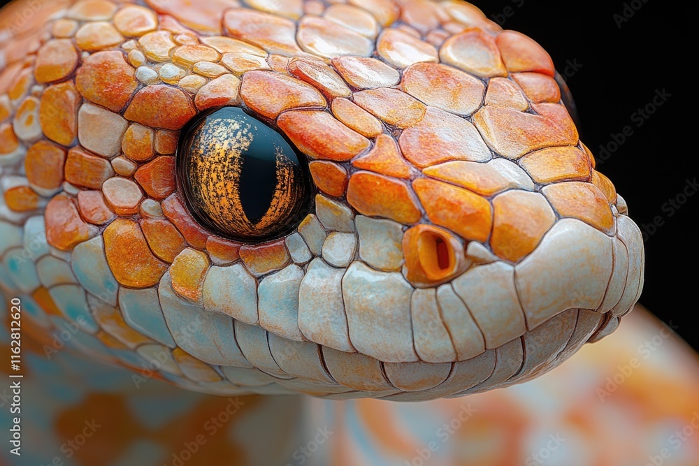 Poster a close-up view of a snake's head on a black background