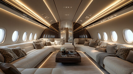 Fototapeta premium opulent private jet interior featuring plush lounge seating, ambient lighting, and a sophisticated design. A perfect blend of luxury, comfort, and modern elegance.