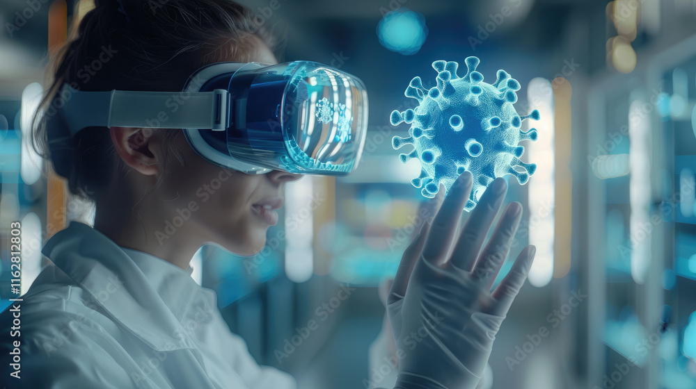 Poster A scientist wearing VR glasses and holding their hand out to touch the virtual, computerized virus model floating in front of them, futuristic medical research on virtual reality for healthcare.