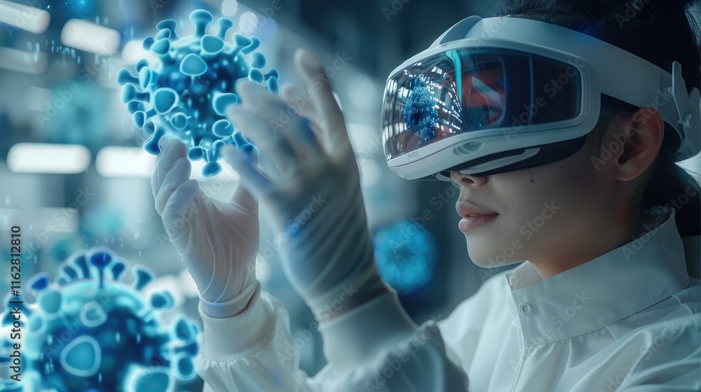 Poster A scientist wearing VR glasses and holding their hand out to touch the virtual, computerized virus model floating in front of them, futuristic medical research on virtual reality for healthcare.