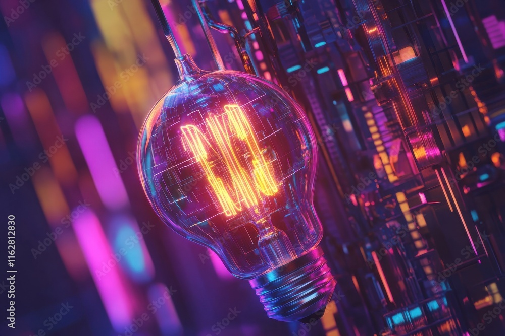 Poster neon glow bulb in a dark cyberpunk style illustration featuring abstract digital lines and tech elem