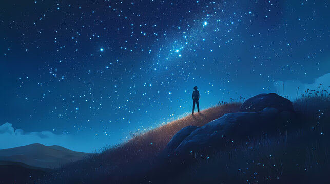 Star gazer standing on a hill mesmerized by a sky full of stars and a dazzling starfall enchanting atmosphere. Starfall. Illustration