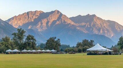 Vintage Festival with Mountain Backdrop at Golden Hour