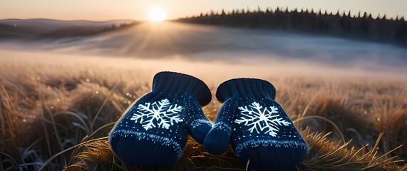 A pair of woolen mittens placed on a wooden surface in a frosty meadow at sunrise with delicate snowflakes drifting in the background