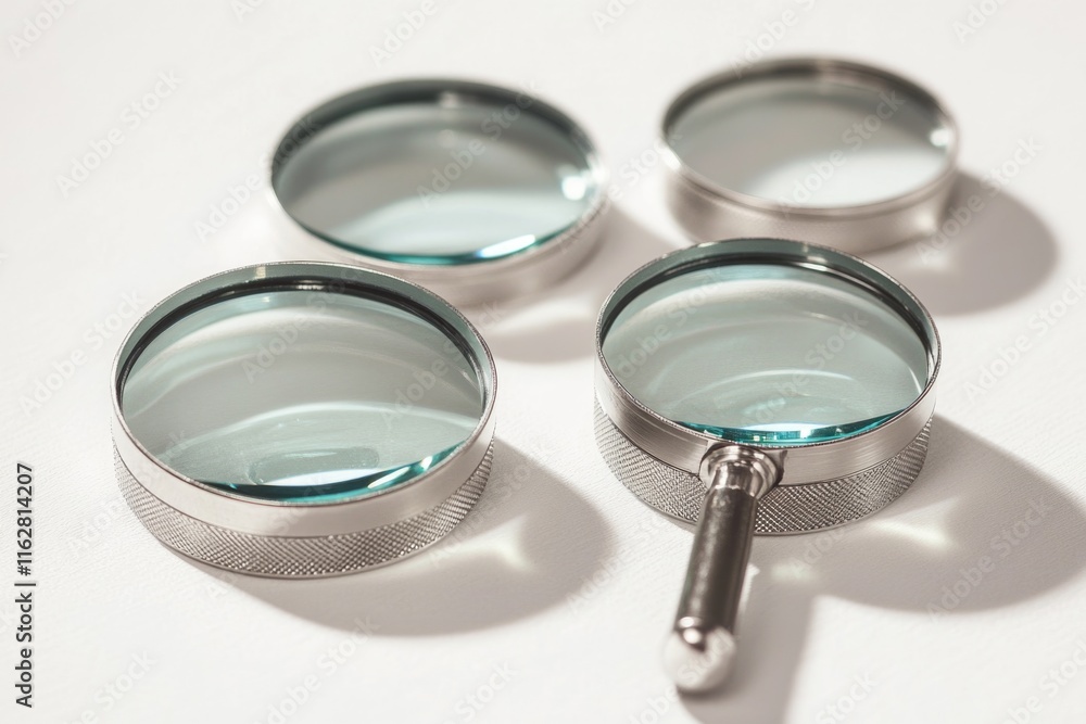 Poster Three magnifying glasses placed on a table, ideal for science and research projects