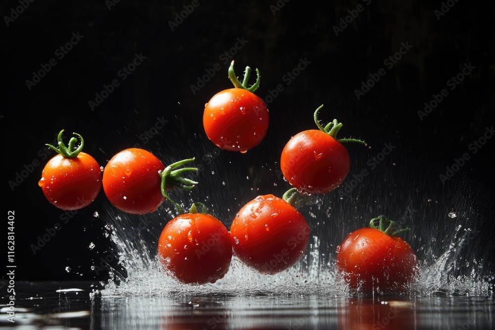 Poster Fresh tomatoes splashing into a pool or container of water