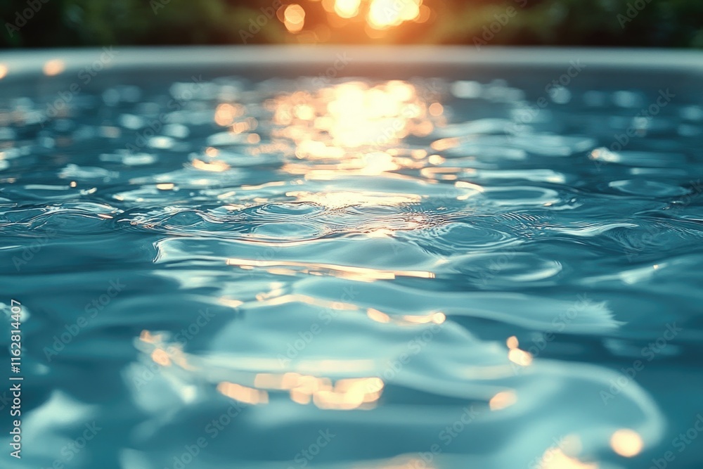 Poster a close-up shot of a pool with the sun shining in the background, perfect for a warm and inviting at