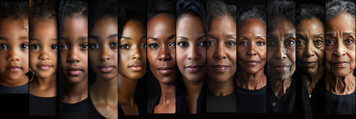 This collage traces the transformation of a woman, visually depicting her graceful progression from innocence of youth to the wisdom of old age, with each stage capturing the subtle beauty of aging