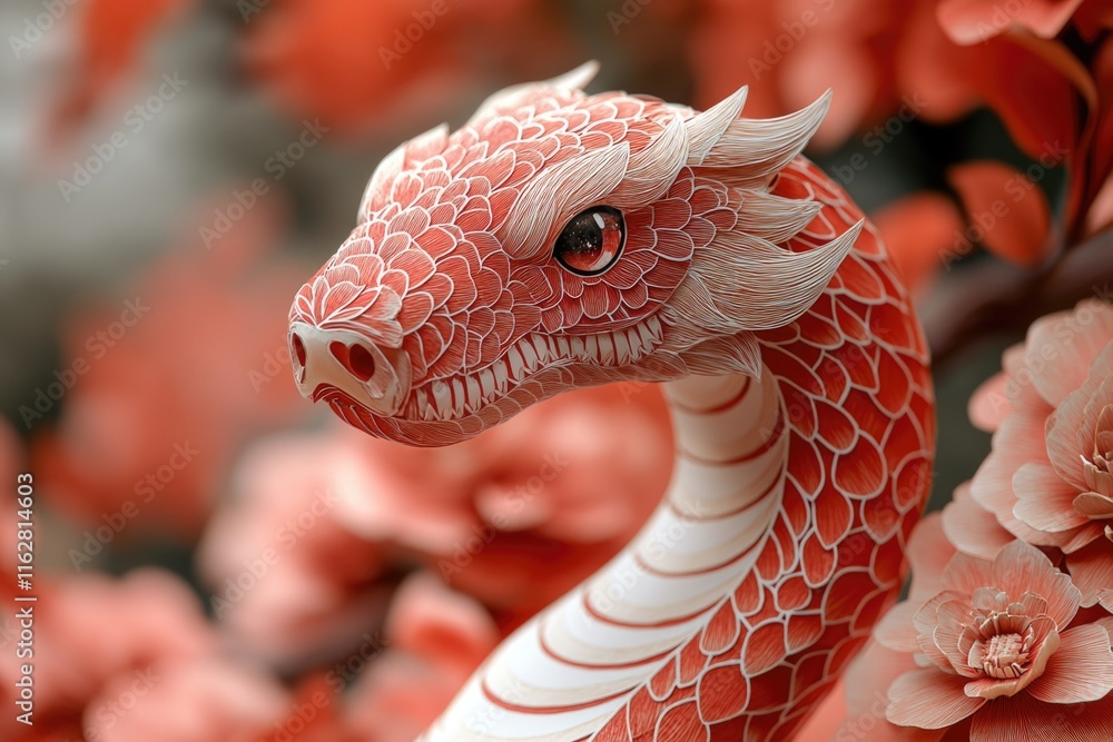 Poster close-up shot of a dragon's head resting on a tree branch, ideal for fantasy or mythical themed proj