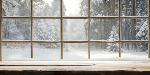 Naklejka premium Snowy forest scene seen through a window, with a wooden table ready for product display