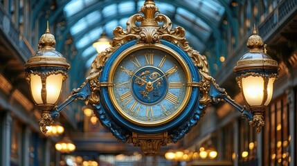 Obraz premium Ornate clock with ornate gold and blue design, illuminated by lamps in a covered walkway.