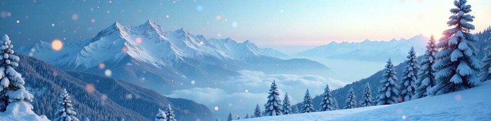 Fototapeta premium Softly falling snowflakes in front of a serene mountain backdrop, backdrop, calm
