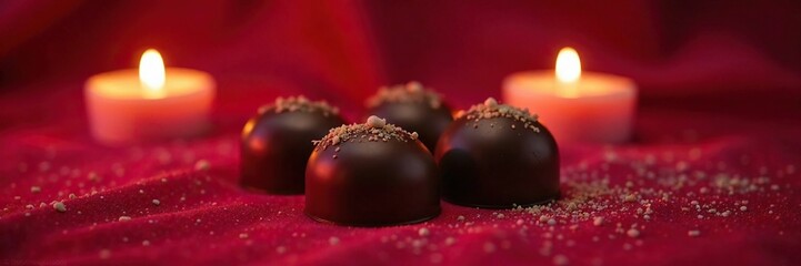 Softly glowing candlelit chocolates on a velvet table, dessert, , indulgence
