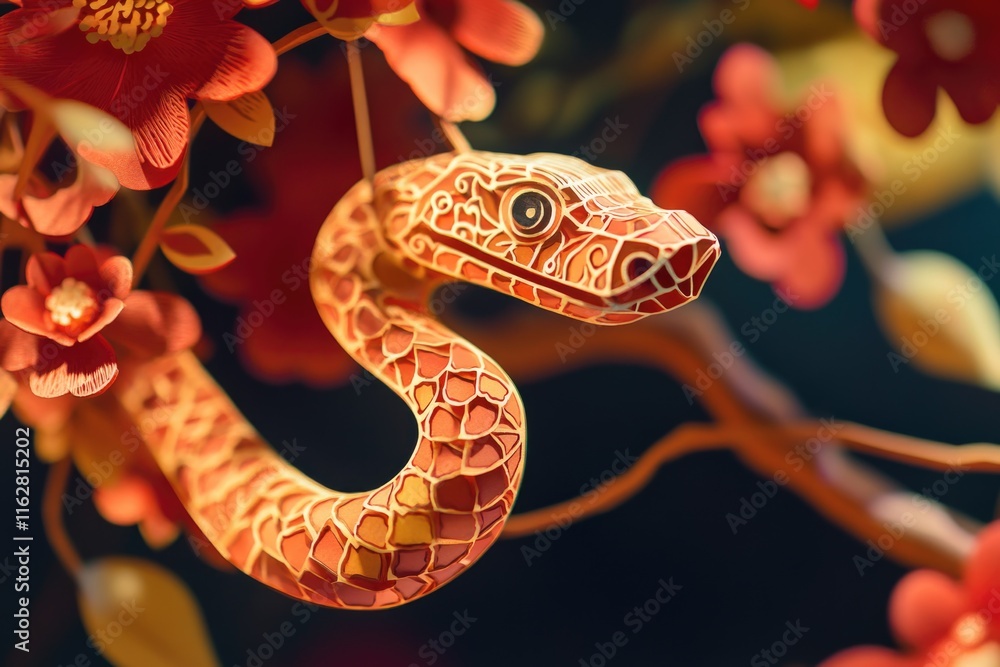 Poster Close-up shot of a snake coiled on a tree branch, highlighting its texture and pattern