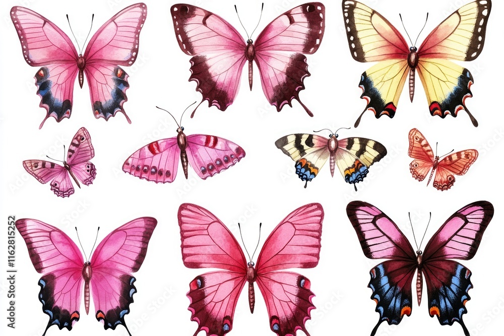 Poster a group of brightly colored butterflies perched on a white surface, great for use in educational or 