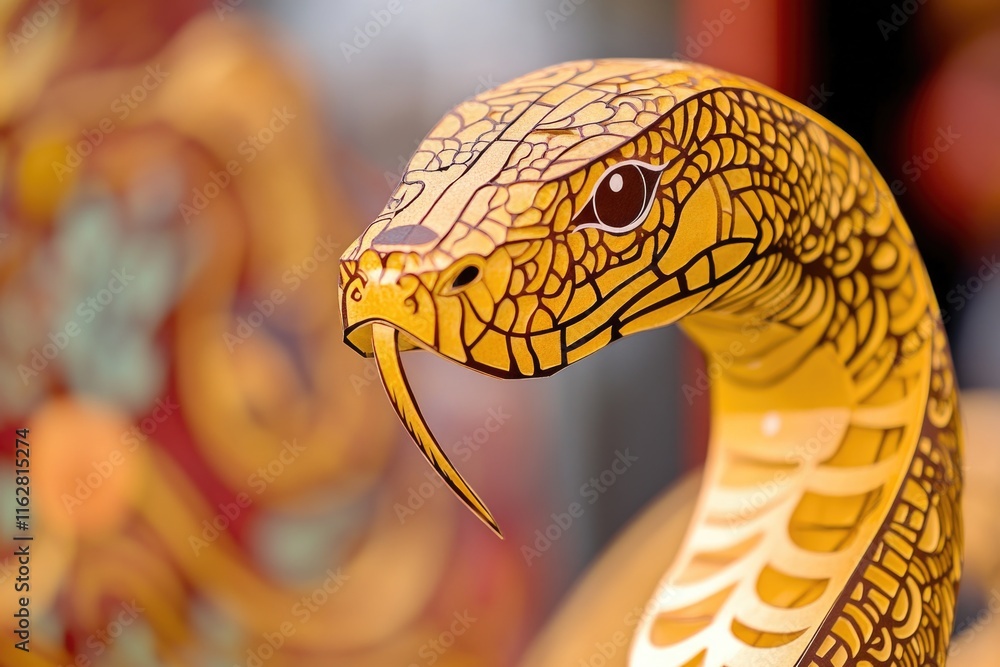 Poster a close-up view of a serpent-shaped statue with intricate details