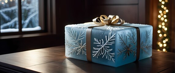 A neatly wrapped gift with natural decorations on a wooden desk surrounded by soft light featuring intricate frost patterns on glass