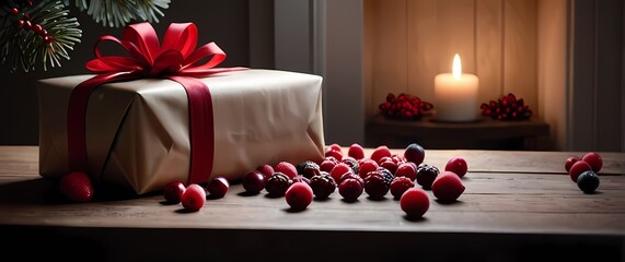 A neatly wrapped gift with natural decorations on a wooden desk surrounded by soft light complemented by scattered winter berries