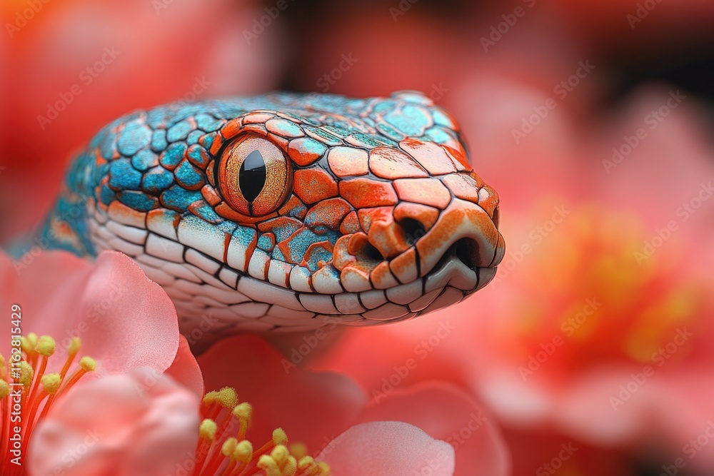 Poster a close-up view of a snake surrounded by flowers