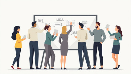 A diverse team collaborating on a large whiteboard.