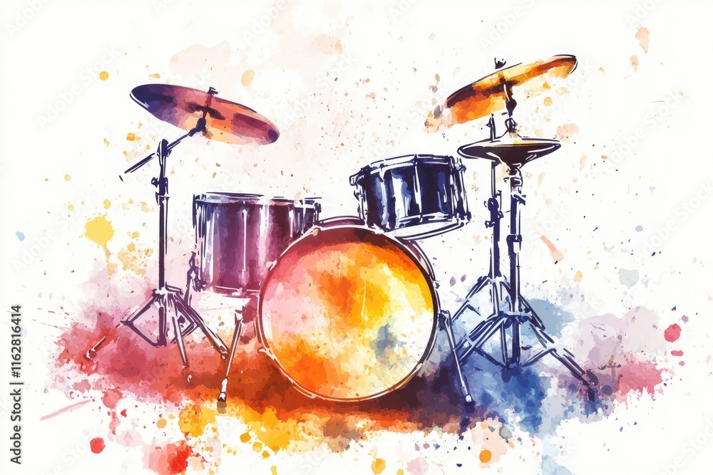 Poster a colorful illustration of a drum set with a watercolor style