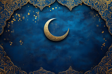 Ramadan background with Islamic geometric patterns, gold accents, and a deep blue gradient.