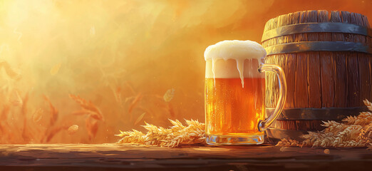 Banner featuring an old wooden barrel with hop cones and wheat. Glass of beer in foreground. Warm background with copy space. Emphasizes craft beer culture.