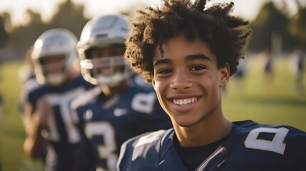 Young male football player smiling with teammates in background