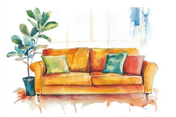 A watercolor illustration of a cozy living room scene featuring a couch and a potted plant