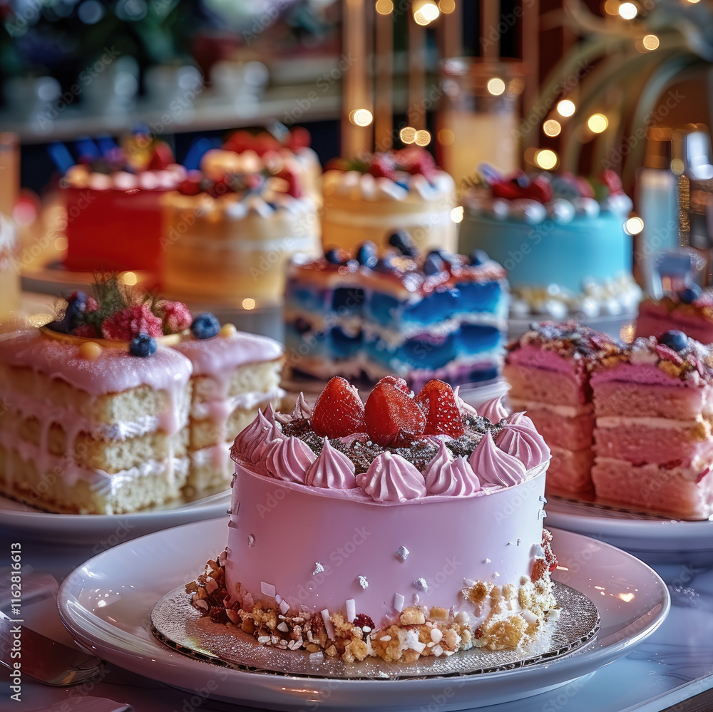 Poster on the table were colorful cream cakes, each with a different color of cream, sparkling drinks, fres