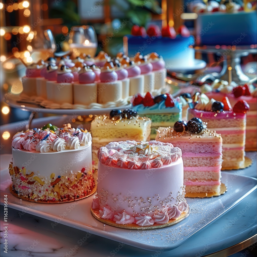 Poster on the table were colorful cream cakes, each with a different color of cream, sparkling drinks, fres