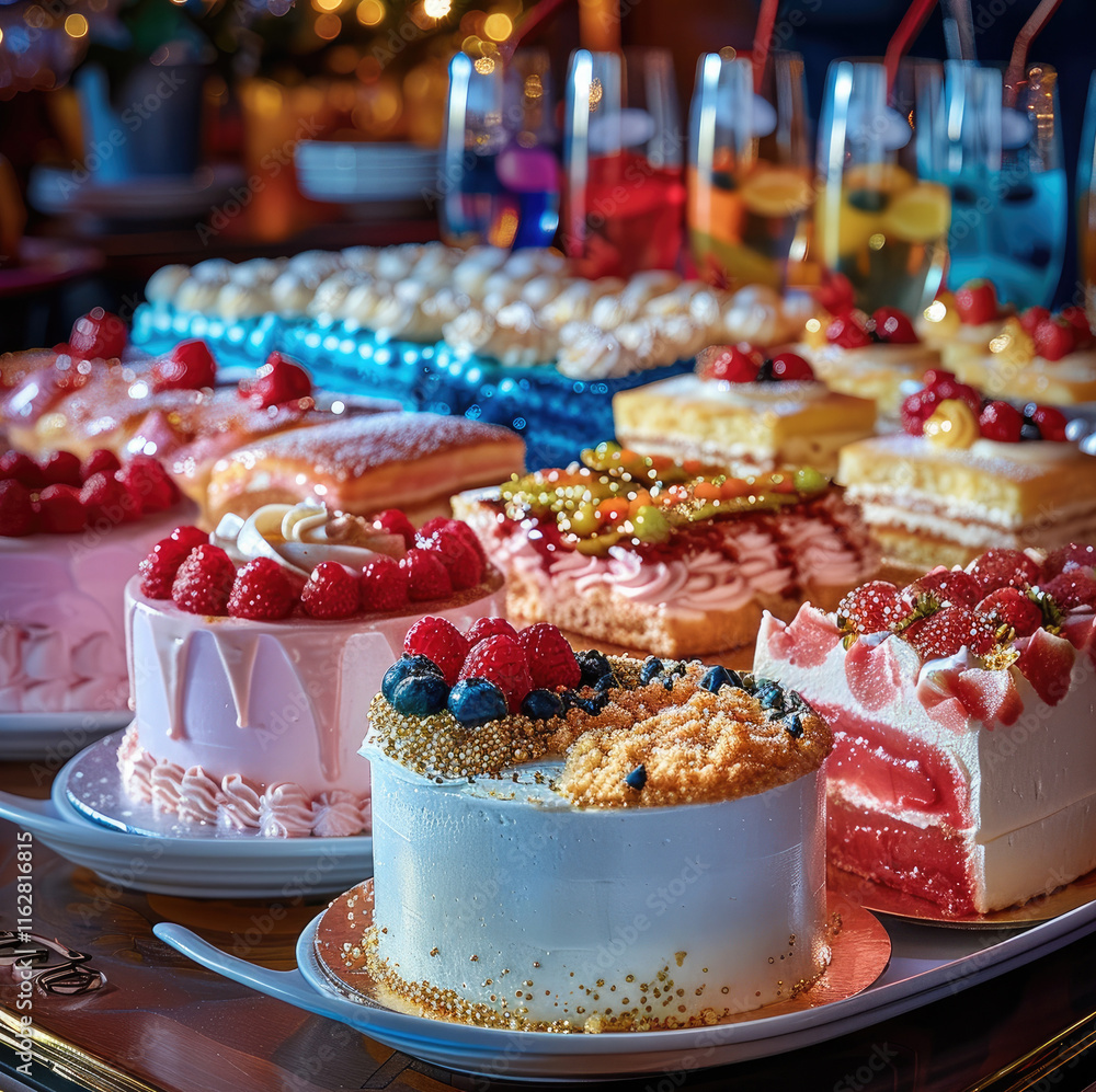 Poster on the table were colorful cream cakes, each with a different color of cream, sparkling drinks, fres
