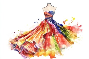 A watercolor illustration of a dress on a mannequin, perfect for fashion or interior design use