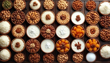 Fototapeta premium Assorted Sweet Treats in Bowls from Uzbekistan Featuring Nuts, Dried Fruits, and Rice