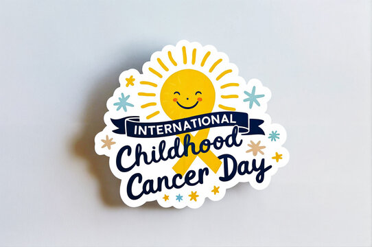 A sticker for word text International Childhood Cancer Day with cheerful yellow ribbon with a smiling face, surrounded by colorful stars - Powered by Adobe