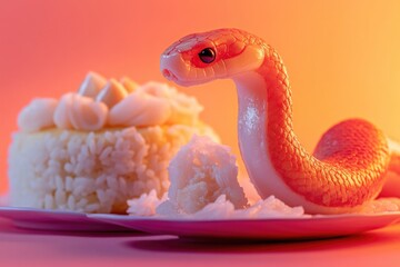 Fototapeta premium A toy snake sits on top of a plate of cooked rice