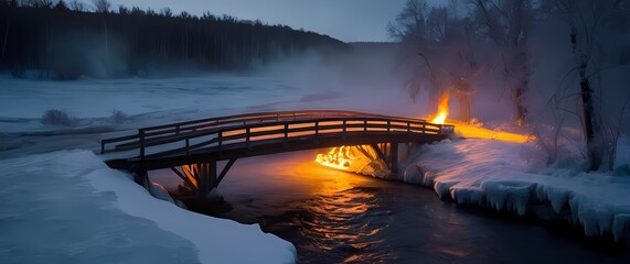 A neatly wrapped gift with natural decorations atop a frost covered bridge spanning a frozen stream highlighted by the flickering glow of a fire